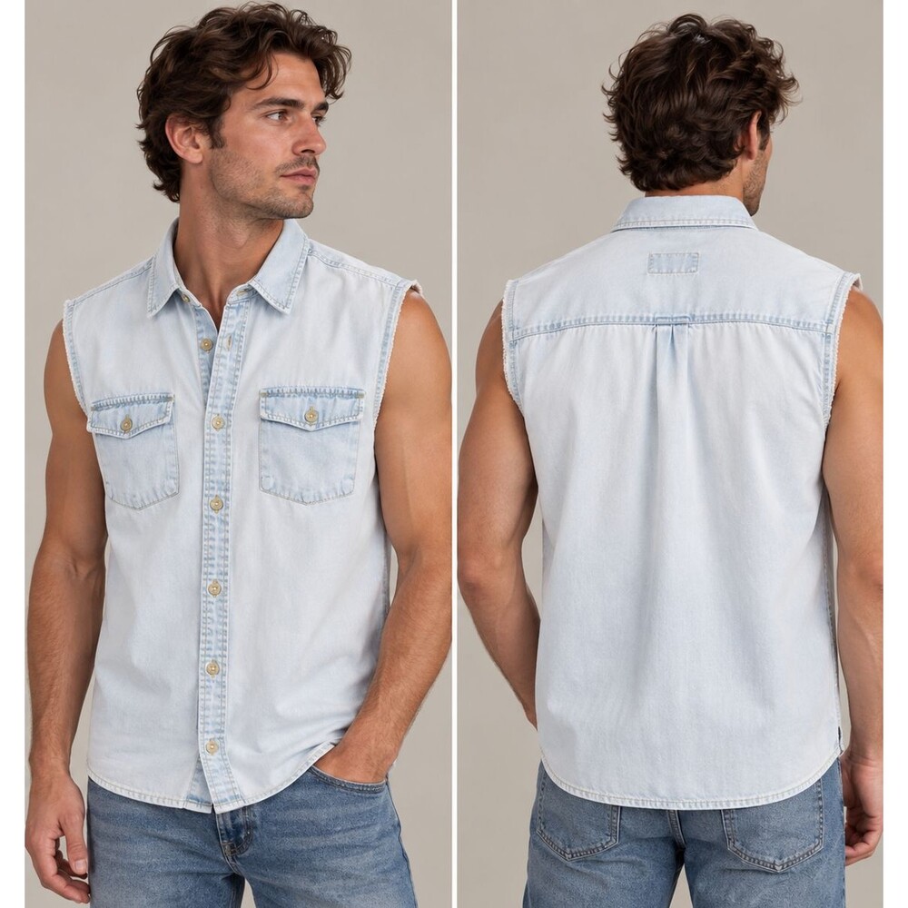 Marine Layer Men’s L Light Wash Denim Sleeveless Shirt Y2K Western Button Up